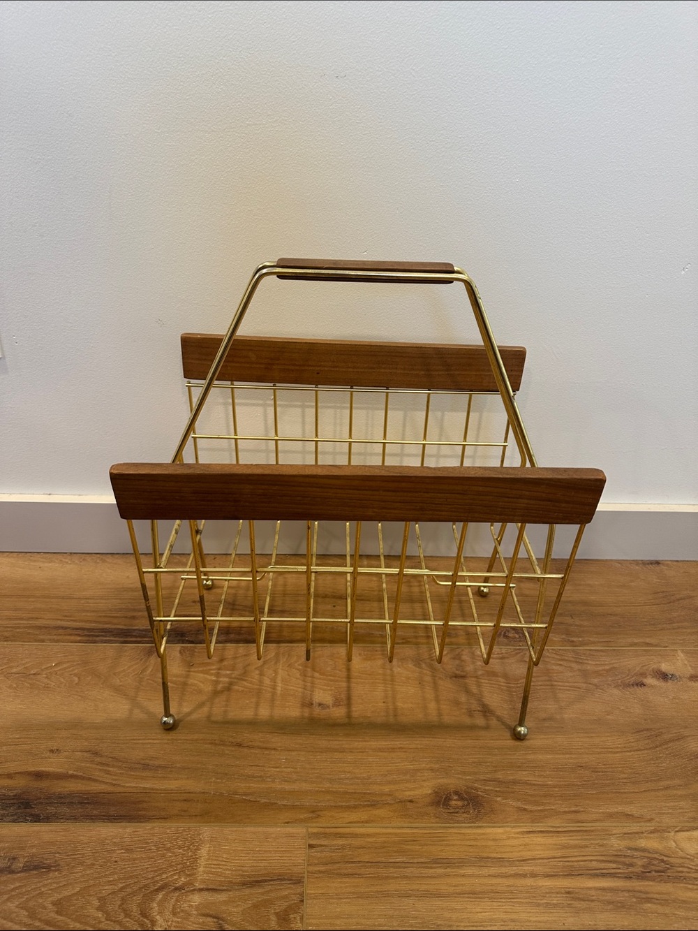 Mid-Century Style Brass & Wood Magazine Rack